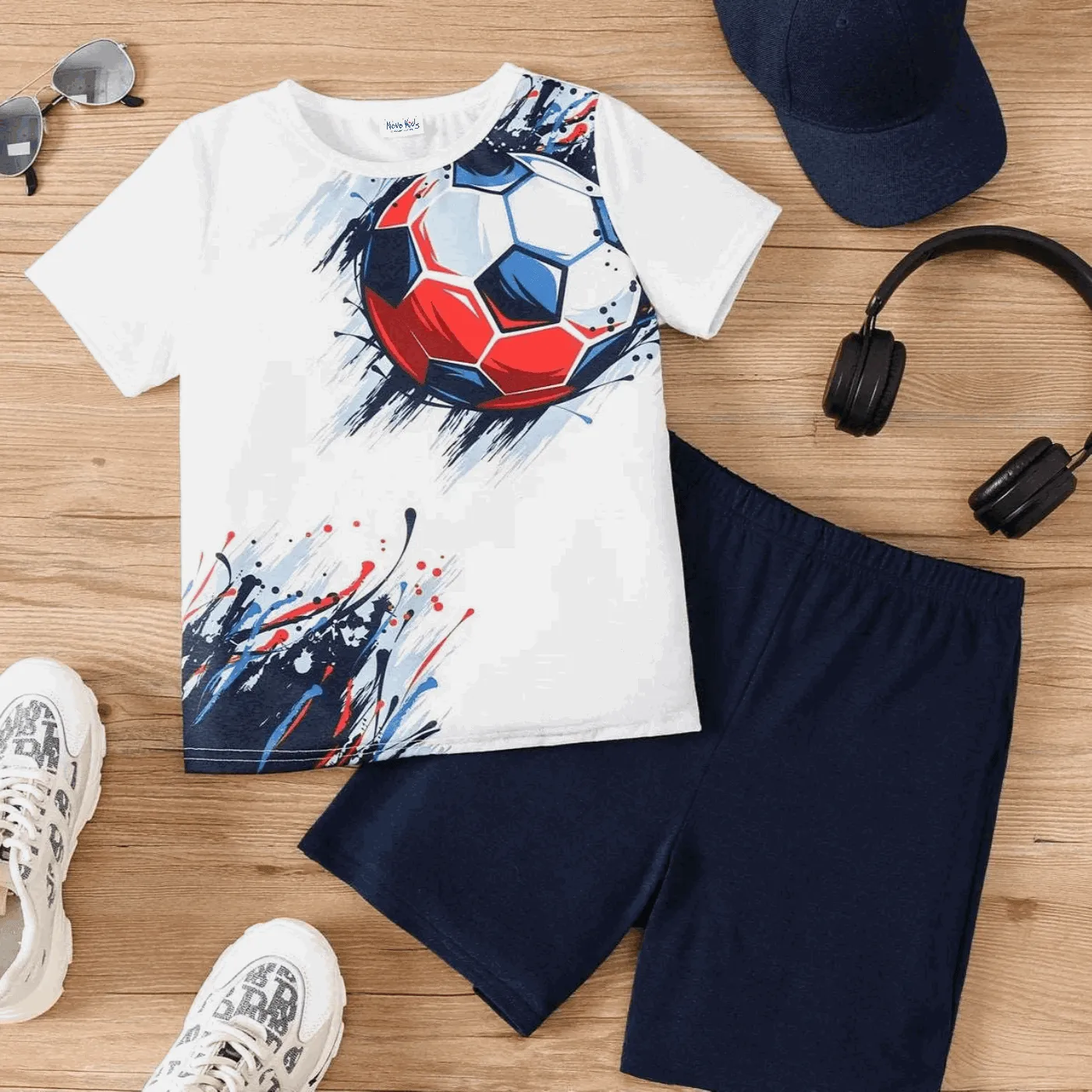 Balls Print Tee and Dark Blue Shorts Set - Kids Boy (2Pcs)