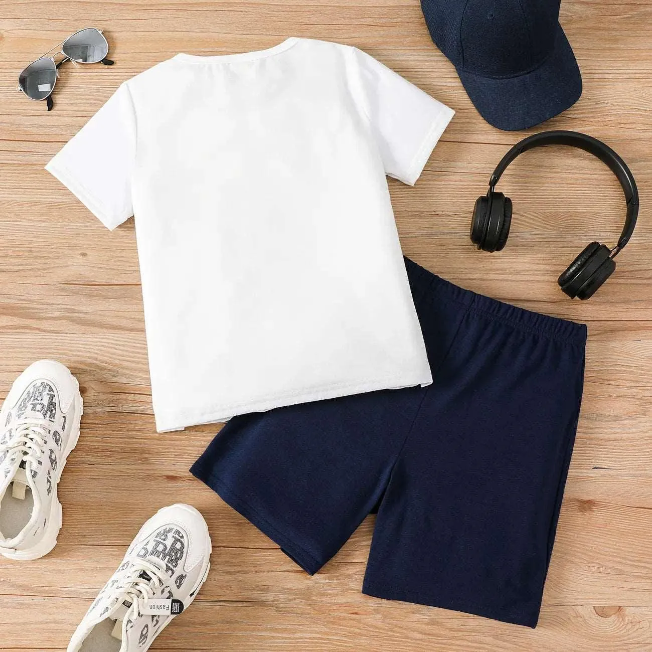 Balls Print Tee and Dark Blue Shorts Set - Kids Boy (2Pcs)
