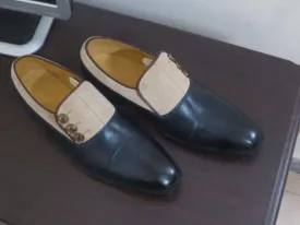 Bespoke Black Beige Loafer Leather Suede Button Top Shoe for Men