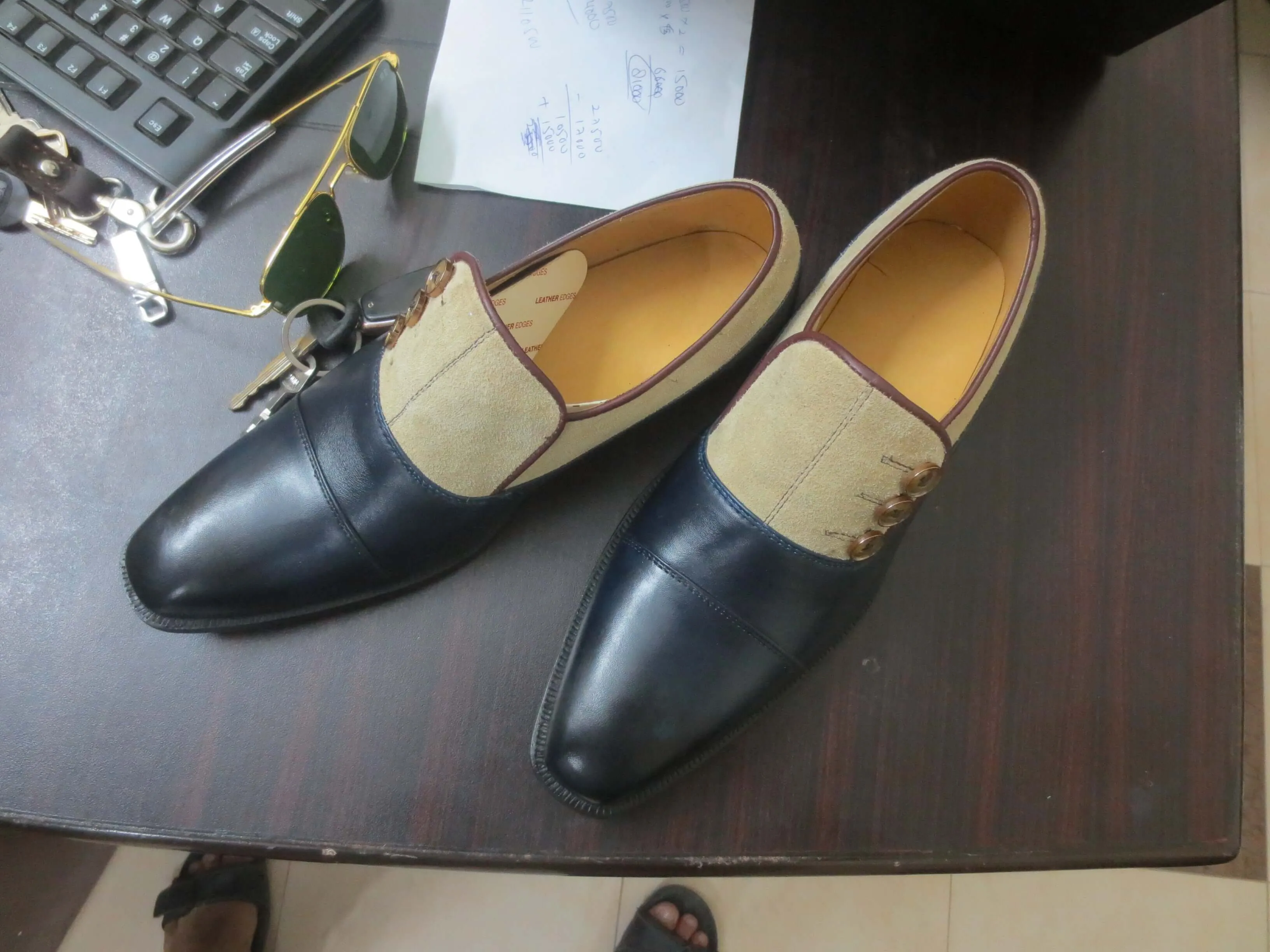Bespoke Black Beige Loafer Leather Suede Button Top Shoe for Men