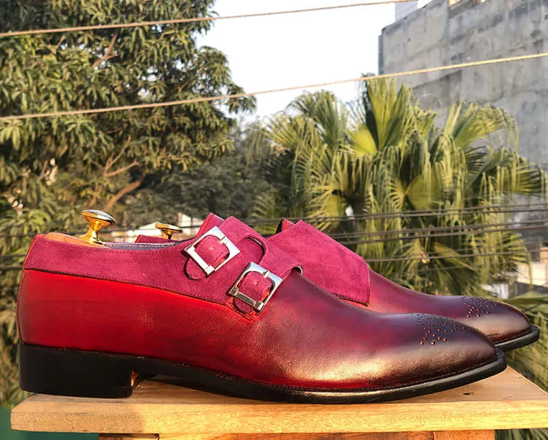 Bespoke Burgundy Purple Leather Suede Monk Strap Shoes