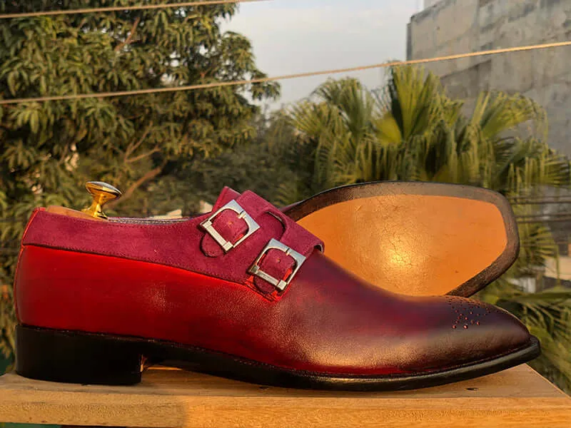 Bespoke Burgundy Purple Leather Suede Monk Strap Shoes