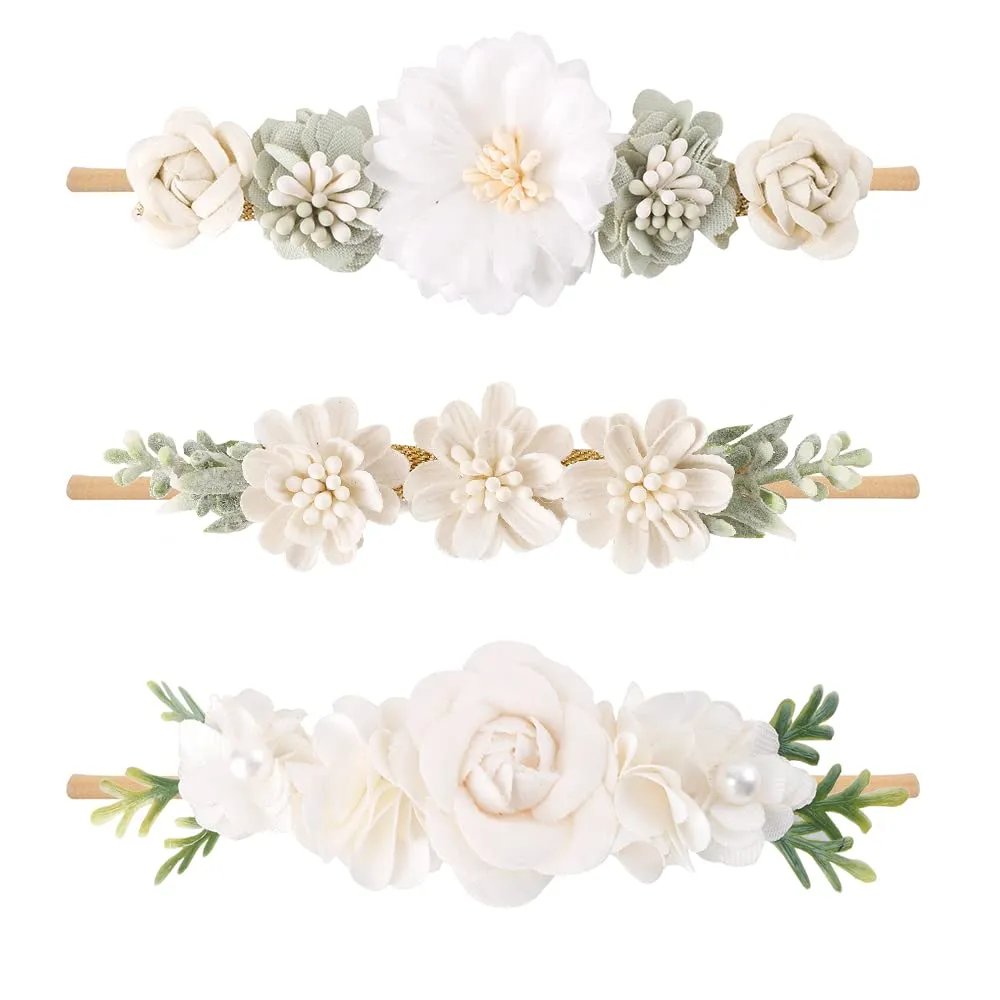 cherrboll 3pcs Baby Girl Flower Headbands, Super Soft & Stretchy Nylon Floral Hairbands for Newborn Toddler