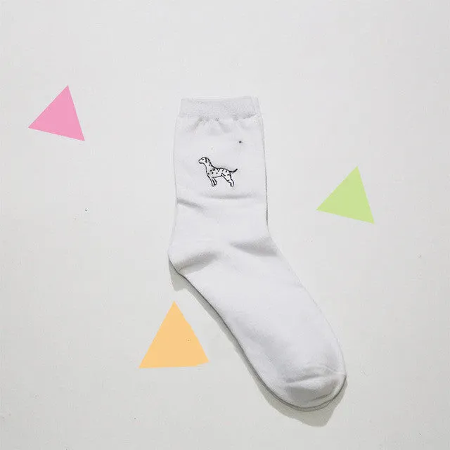 cute animal husky embroidery women cotton white socks lovely dog Jacquard female pure color socks funny kawaii pug meias soks