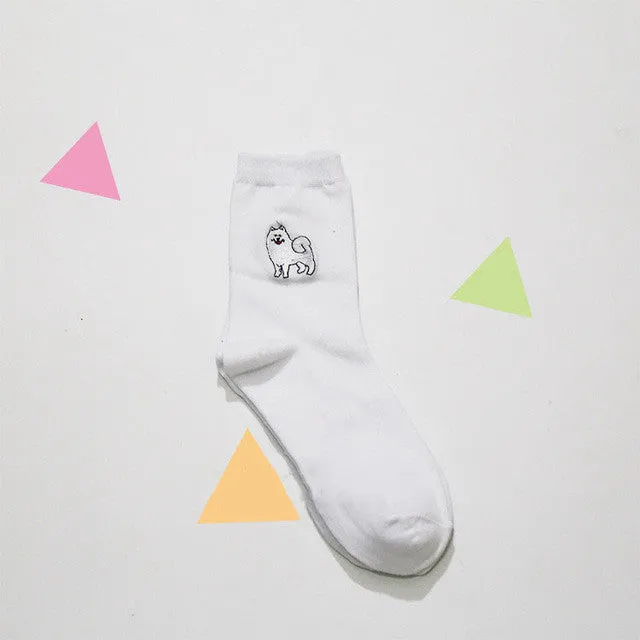cute animal husky embroidery women cotton white socks lovely dog Jacquard female pure color socks funny kawaii pug meias soks