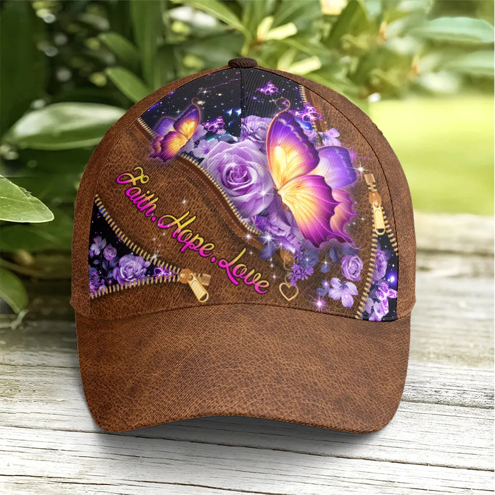Faith Hope Love Magical Butterfly Purple Roses Leather Style Baseball Cap Coolspod
