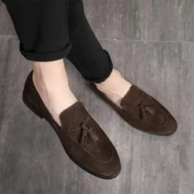 Hand Crafted Brown Suede Round Toe Tussles Loafer Shoes for Men's