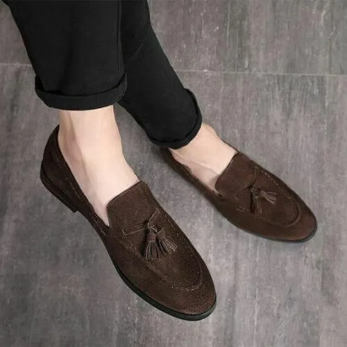 Hand Crafted Brown Suede Round Toe Tussles Loafer Shoes for Men's