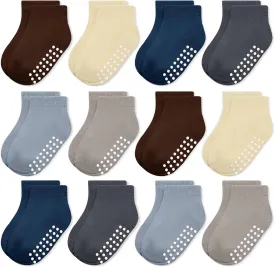 JAKIDAR 12 Pair Baby Toddler Socks Non-Slip Grip Cotton Ankle Socks for Boys Girls Non Skid Soles for Infants Kids