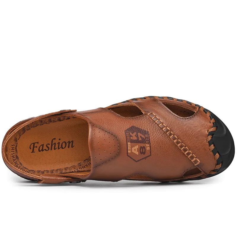 Mens Outdoor Water Sandals with Anti-Collision Toe, Hand-Stitched Cow Leather