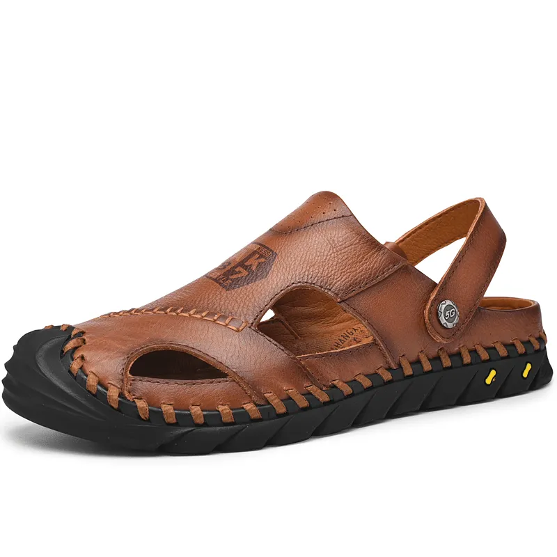 Mens Outdoor Water Sandals with Anti-Collision Toe, Hand-Stitched Cow Leather