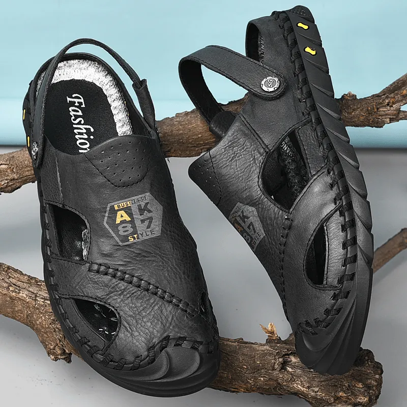 Mens Outdoor Water Sandals with Anti-Collision Toe, Hand-Stitched Cow Leather
