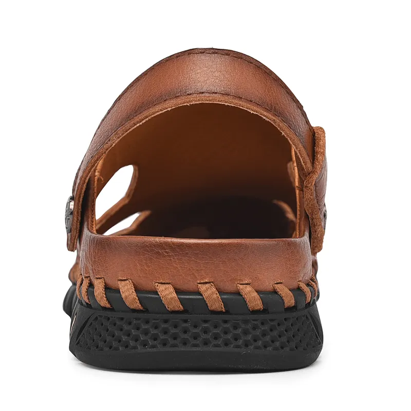 Mens Outdoor Water Sandals with Anti-Collision Toe, Hand-Stitched Cow Leather