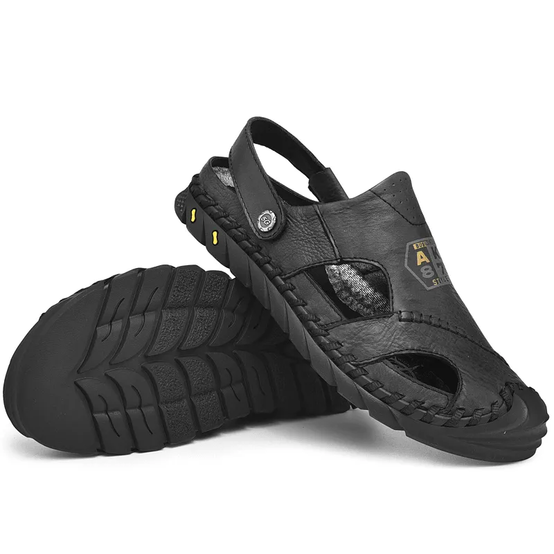 Mens Outdoor Water Sandals with Anti-Collision Toe, Hand-Stitched Cow Leather