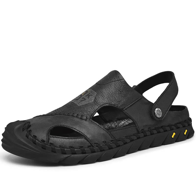 Mens Outdoor Water Sandals with Anti-Collision Toe, Hand-Stitched Cow Leather
