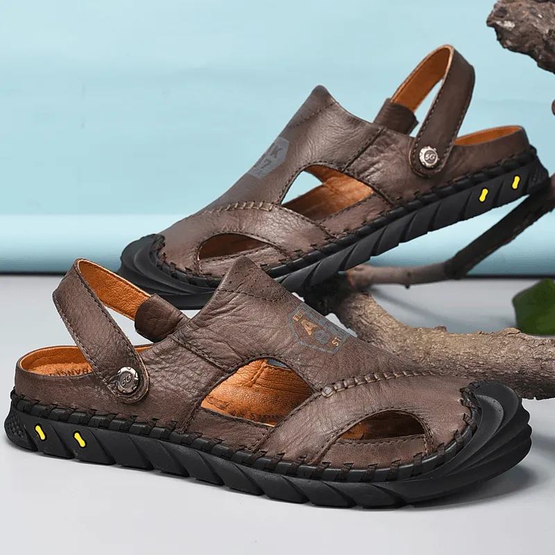 Mens Outdoor Water Sandals with Anti-Collision Toe, Hand-Stitched Cow Leather