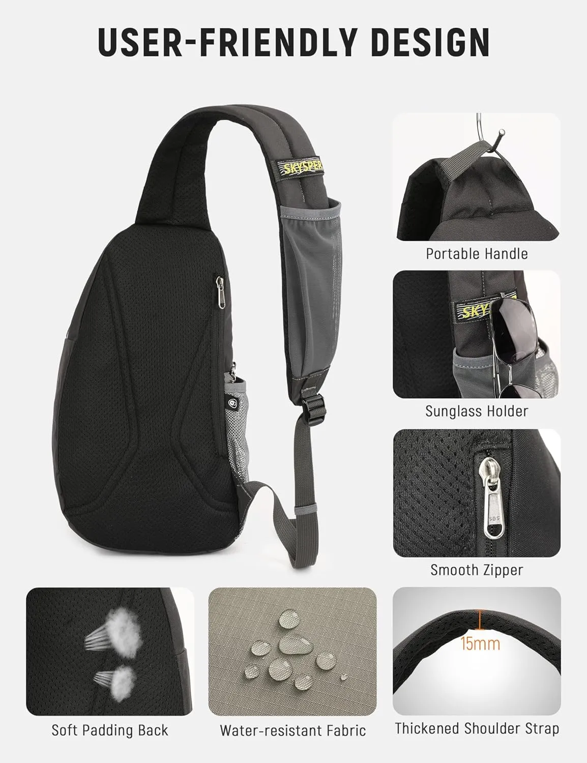 SKYSPER Sling Bag Anti-Theft RFID Crossbody Bag Travel Cross Body Backpack Shoulder Hiking Sling Daypack(Lightgray)