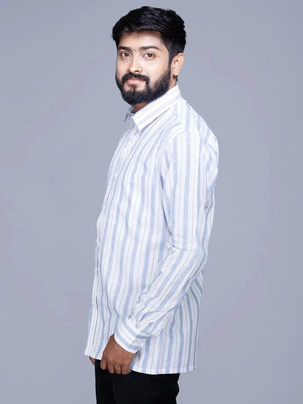 White Blue Striped Handwoven Cotton Men Full Sleeves Shirt
