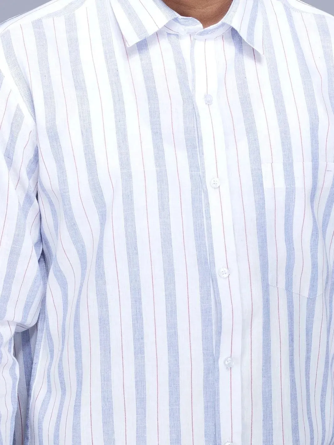 White Blue Striped Handwoven Cotton Men Full Sleeves Shirt