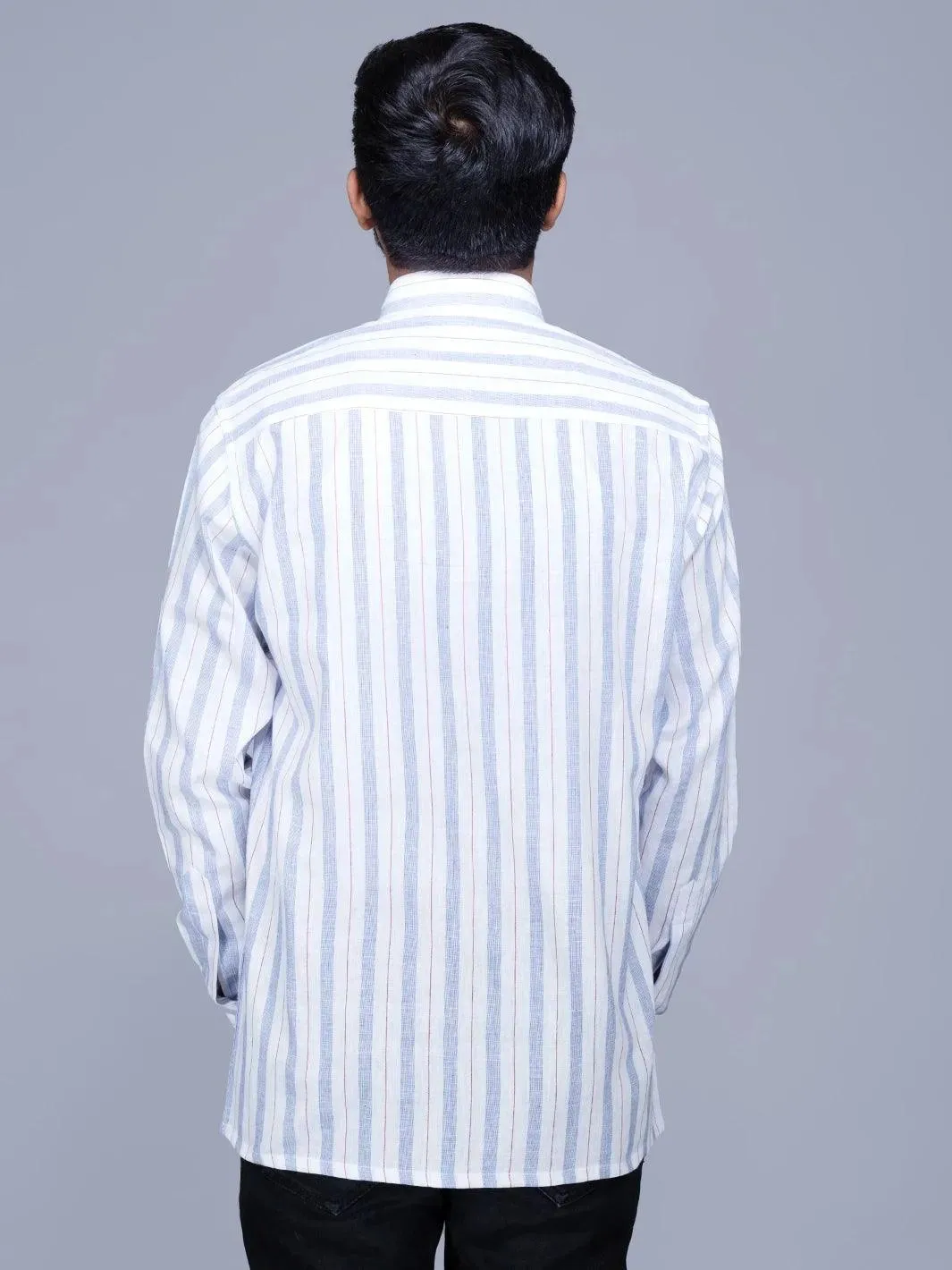 White Blue Striped Handwoven Cotton Men Full Sleeves Shirt