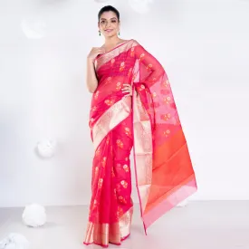 Women Banarasi Kora Cotton Saree In Hot Pink Color With Floral Design And Golden Border