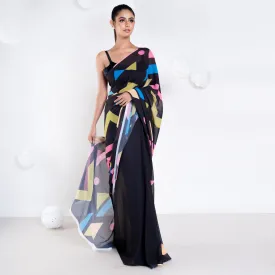 Women Juliet Georgette Digital Printed Saree In Black Color