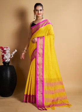 Women Party Wear Designer Yellow Color Chex Pattern Silk Blend Saree Collection