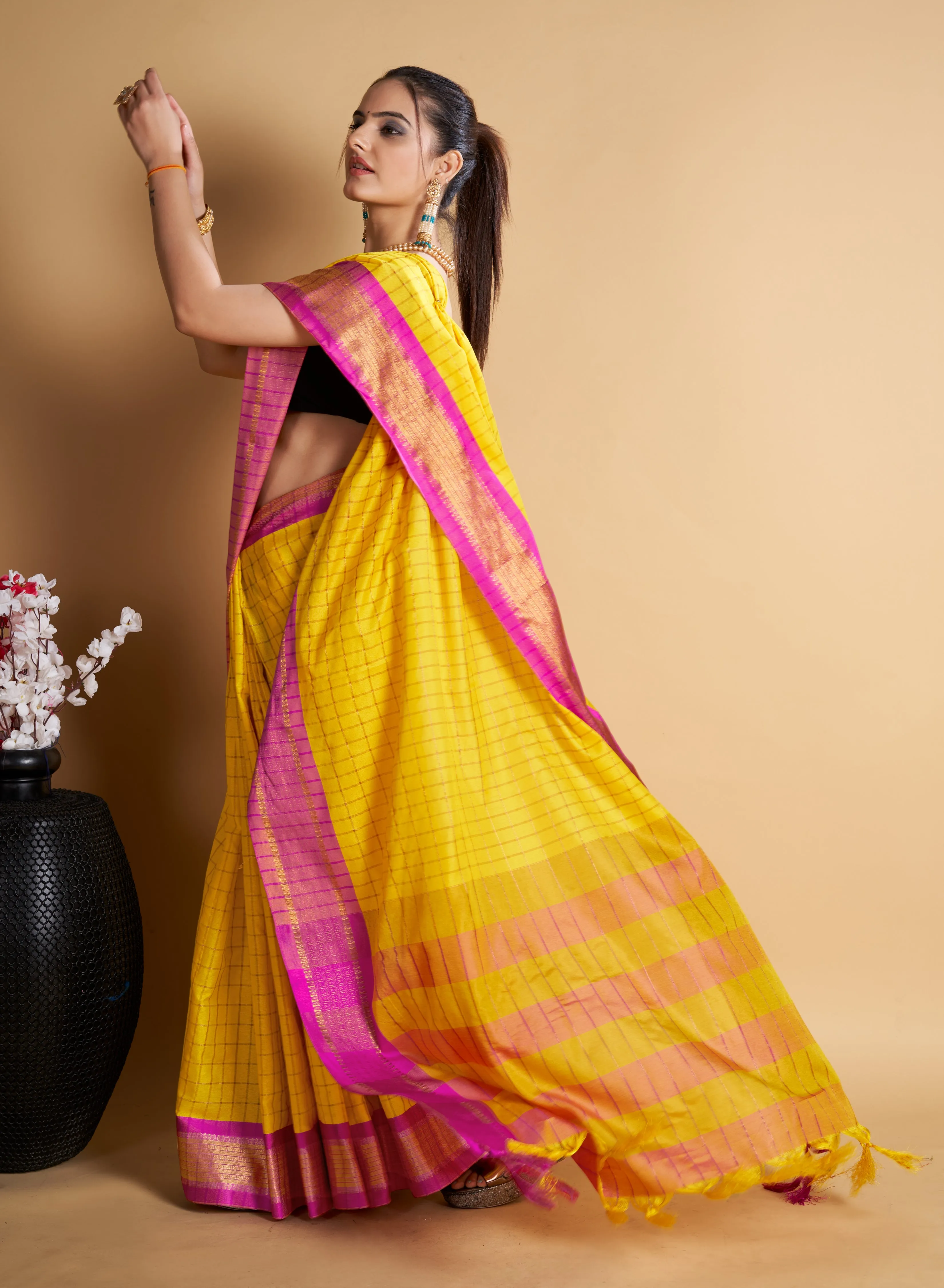 Women Party Wear Designer Yellow Color Chex Pattern Silk Blend Saree Collection