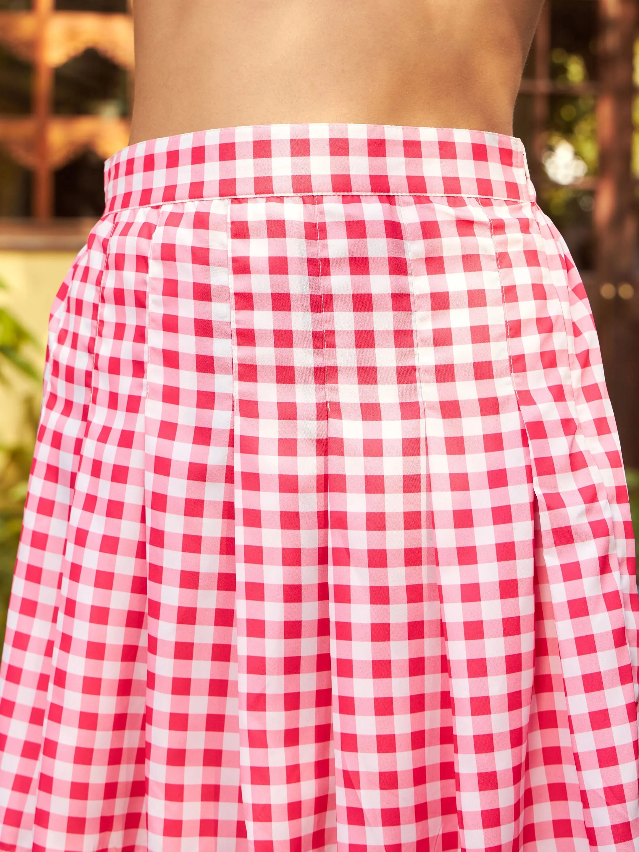 Women Pink Check Crop Shirt With Pleated Mini Skirt